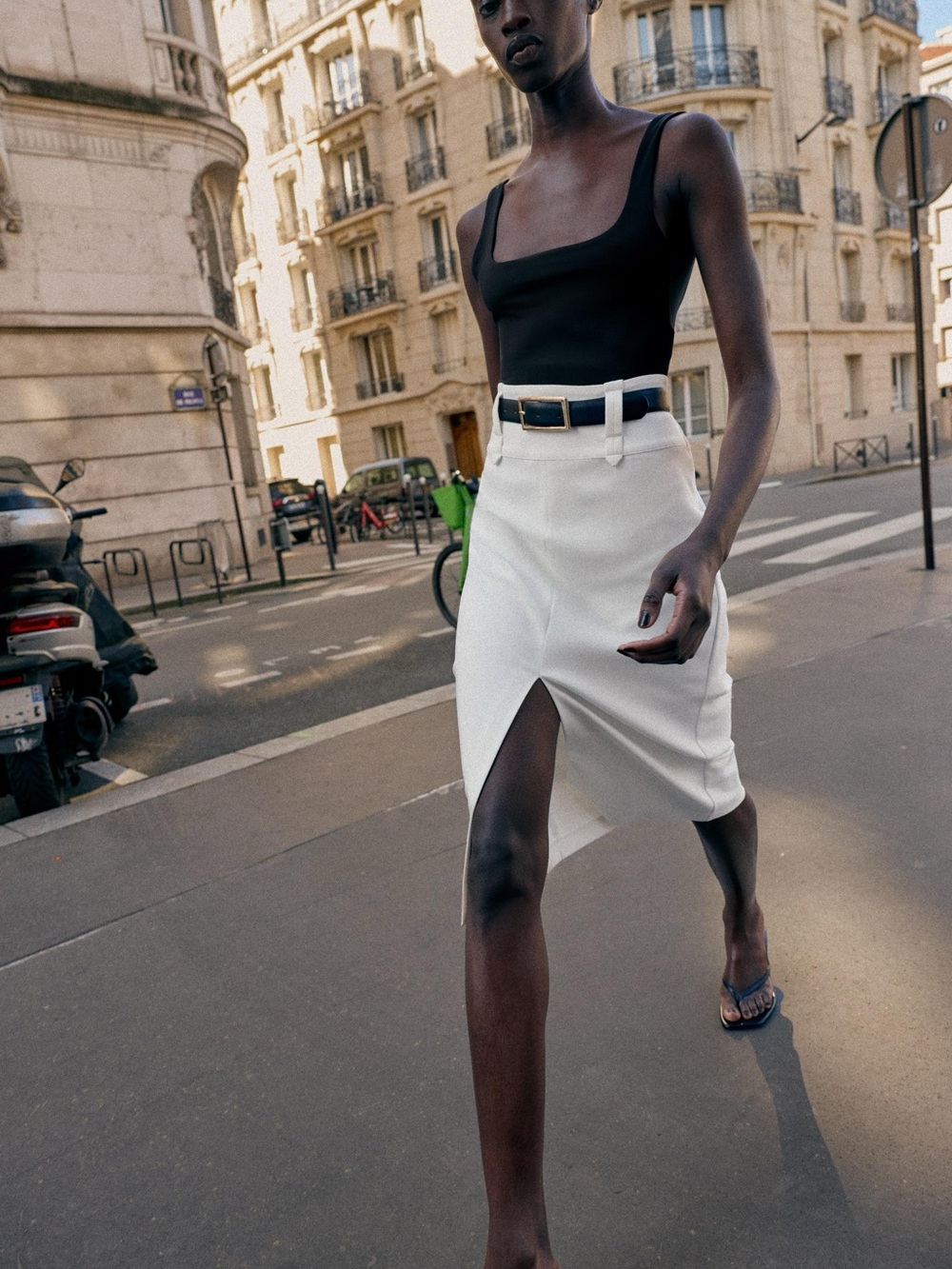 Zara White Midi Pencil Skirt with Front Slit